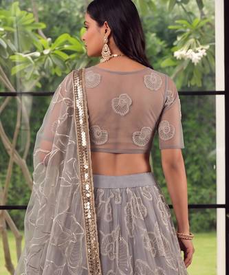 Light Grey Designer Embroidered Butterfly Net Lehenga Choli Set 3