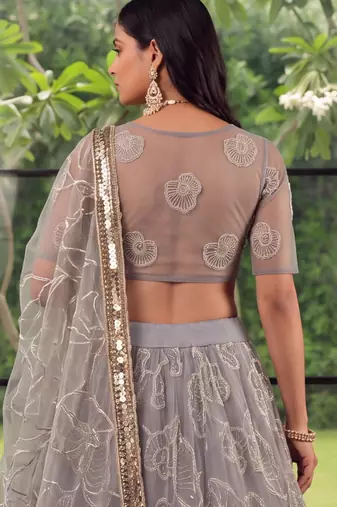 Light Grey Designer Embroidered Butterfly Net Lehenga Choli Set