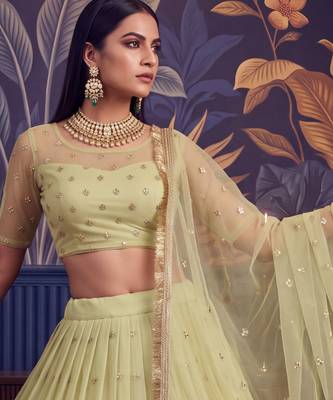 Lemon Yellow Designer Embroidered Butterfly Net Lehenga Choli Set 2