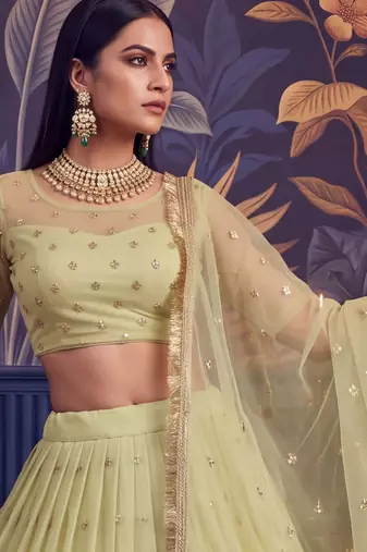 Lemon Yellow Designer Embroidered Butterfly Net Lehenga Choli Set