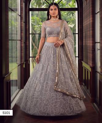 Light Grey Designer Embroidered Butterfly Net Lehenga Choli Set 4