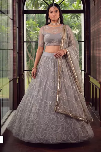 Light Grey Designer Embroidered Butterfly Net Lehenga Choli Set