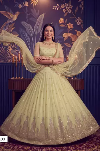Lemon Yellow Designer Embroidered Butterfly Net Lehenga Choli Set
