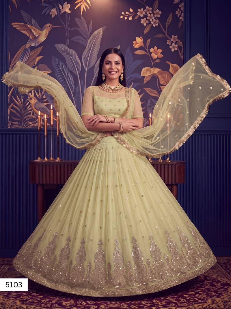 Lemon Yellow Designer Embroidered Butterfly Net Lehenga Choli Set