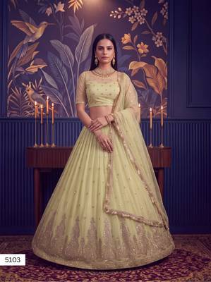 Lemon Yellow Designer Embroidered Butterfly Net Lehenga Choli Set 3