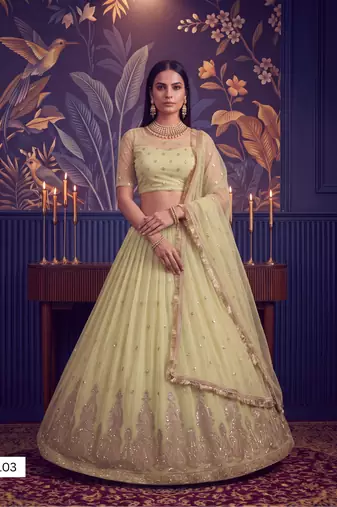 Lemon Yellow Designer Embroidered Butterfly Net Lehenga Choli Set