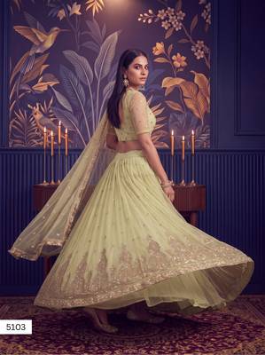 Lemon Yellow Designer Embroidered Butterfly Net Lehenga Choli Set 4