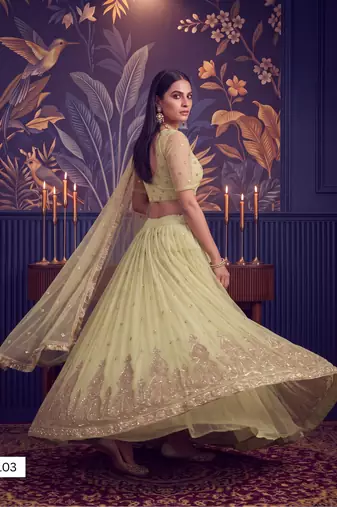 Lemon Yellow Designer Embroidered Butterfly Net Lehenga Choli Set