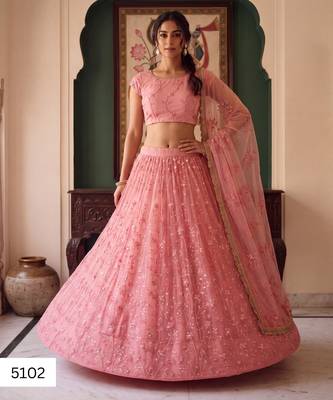 Light Pink Designer Embroidered Butterfly Net Lehenga Choli Set 1
