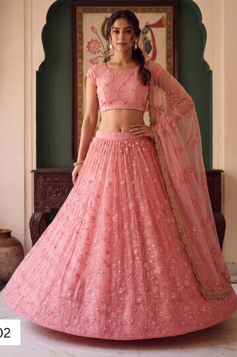 Light Pink Designer Embroidered Butterfly Net Lehenga Choli Set