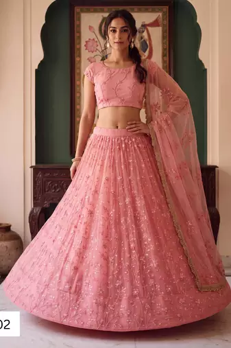 Light Pink Designer Embroidered Butterfly Net Lehenga Choli Set