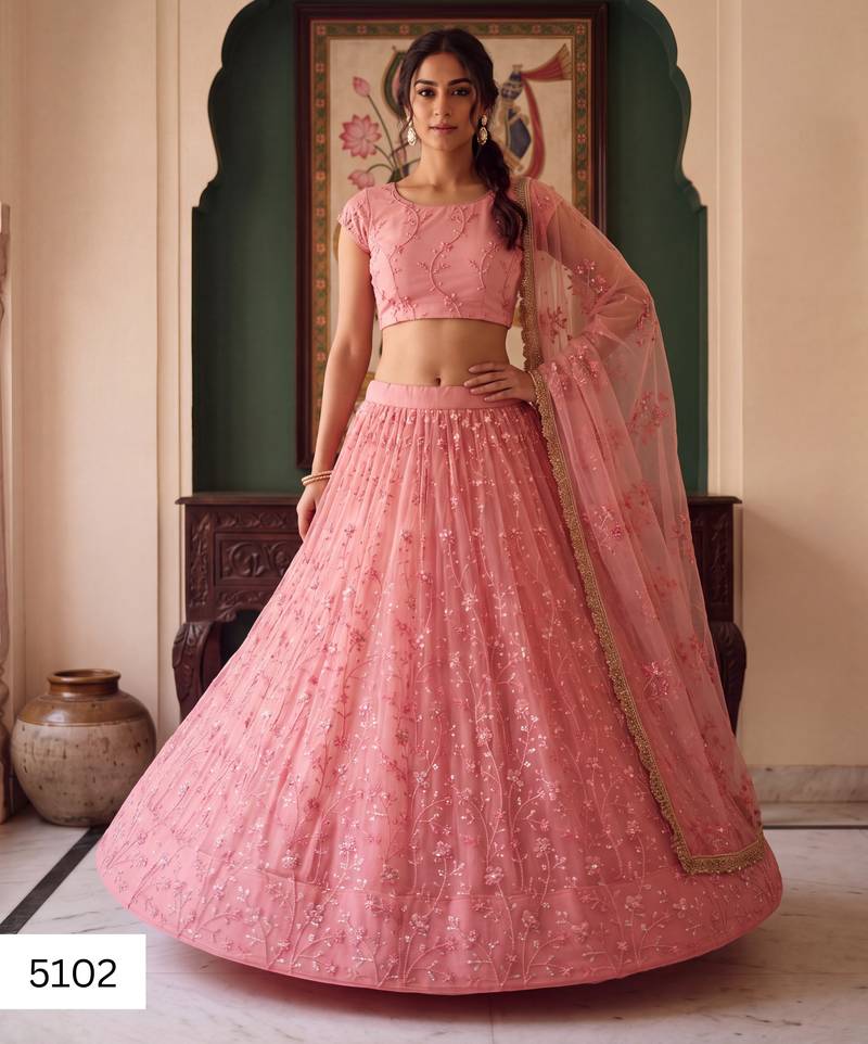 Light Pink Designer Embroidered Butterfly Net Lehenga Choli Set