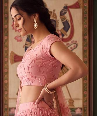 Light Pink Designer Embroidered Butterfly Net Lehenga Choli Set 2