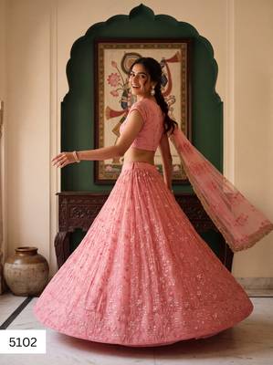 Light Pink Designer Embroidered Butterfly Net Lehenga Choli Set 3