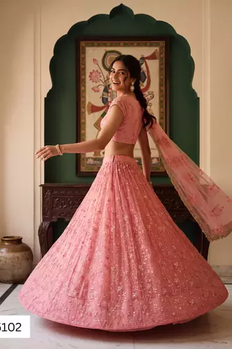 Light Pink Designer Embroidered Butterfly Net Lehenga Choli Set