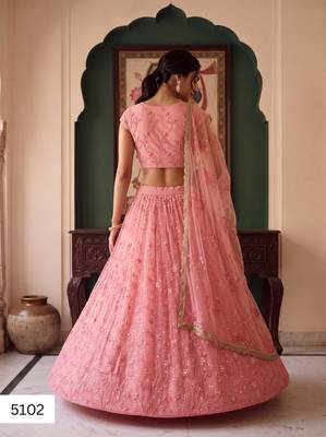 Light Pink Designer Embroidered Butterfly Net Lehenga Choli Set 4
