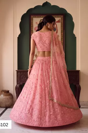 Light Pink Designer Embroidered Butterfly Net Lehenga Choli Set