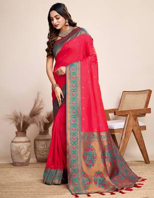 Red zari work jacquard saree with blouse 1