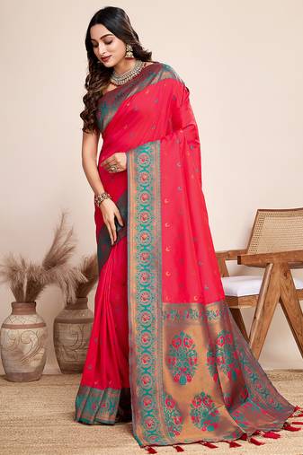 Red zari work jacquard saree with blouse