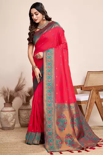 Red zari work jacquard saree with blouse