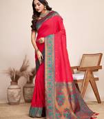Red zari work jacquard saree with blouse