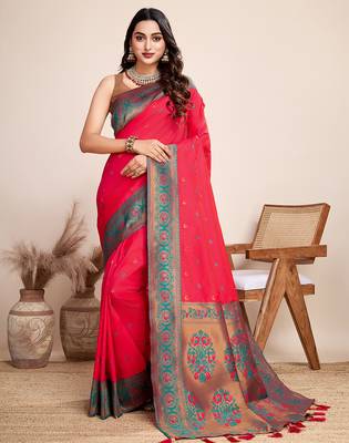 Red zari work jacquard saree with blouse 2
