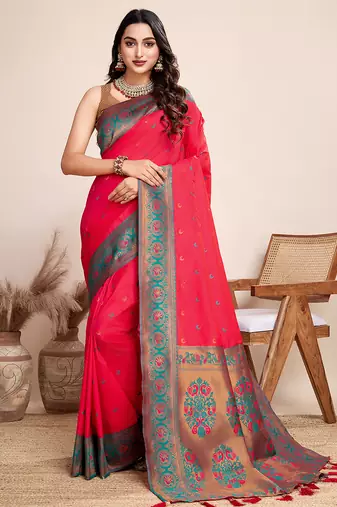 Red zari work jacquard saree with blouse