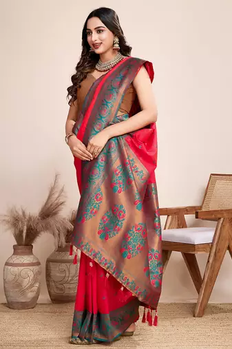 Red zari work jacquard saree with blouse
