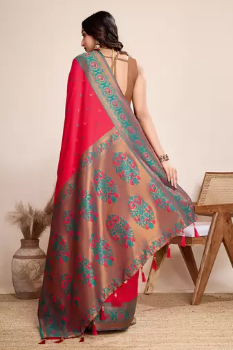 Red zari work jacquard saree with blouse