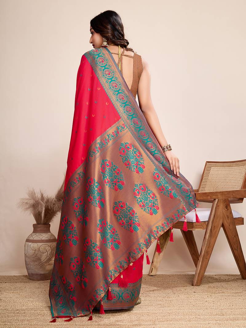 Red zari work jacquard saree with blouse