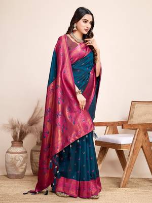 Indigo zari work jacquard saree with blouse 1