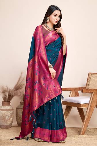 Indigo zari work jacquard saree with blouse
