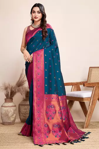 Indigo zari work jacquard saree with blouse