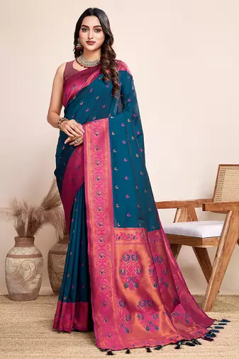Indigo zari work jacquard saree with blouse
