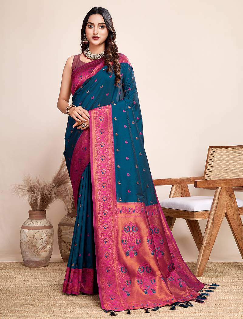 Indigo zari work jacquard saree with blouse