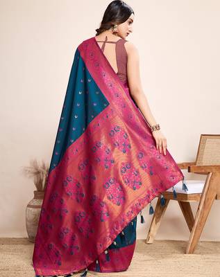 Indigo zari work jacquard saree with blouse 4