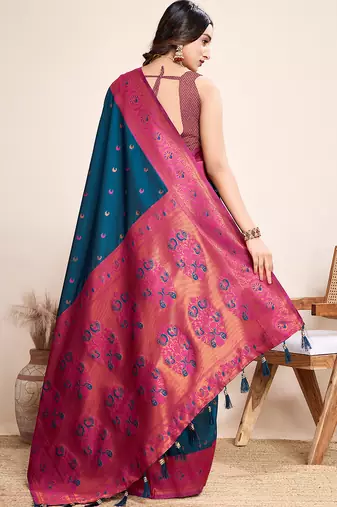 Indigo zari work jacquard saree with blouse