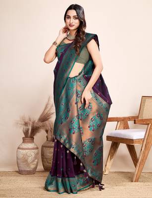 Wine zari work jacquard saree with blouse 1