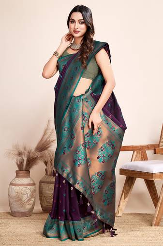 Wine zari work jacquard saree with blouse