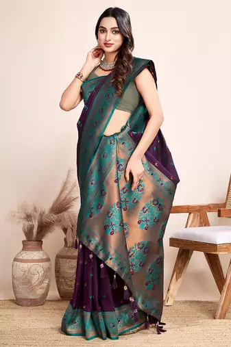 Wine zari work jacquard saree with blouse