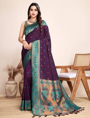 Wine zari work jacquard saree with blouse 2
