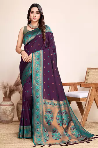 Wine zari work jacquard saree with blouse