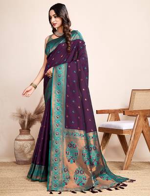 Wine zari work jacquard saree with blouse 3