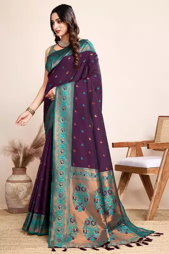 Wine zari work jacquard saree with blouse