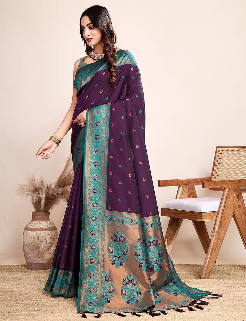 Wine zari work jacquard saree with blouse