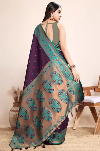 Wine zari work jacquard saree with blouse