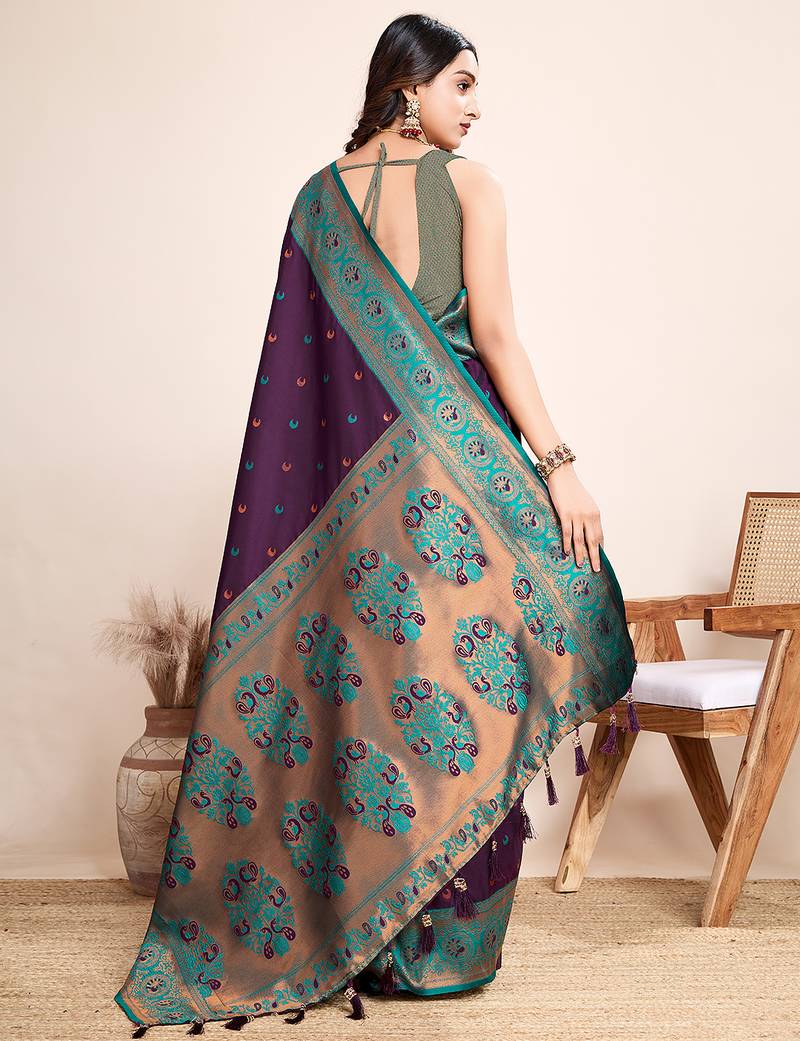Wine zari work jacquard saree with blouse