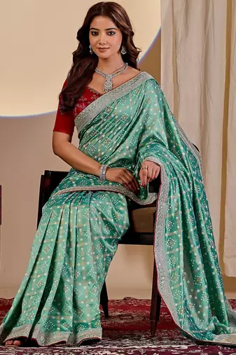 sea green embroidery with thread and sequence vichitra silk saree with blouse