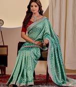 sea green embroidery with thread and sequence vichitra silk saree with blouse