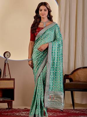 sea green embroidery with thread and sequence vichitra silk saree with blouse 3